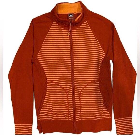 REI Womens Rendezvous CoolMax Orange Striped Full Zip Cardigan Sweater Large‎ - Picture 1 of 5
